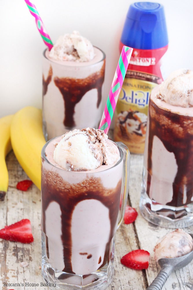 2 ideas for a milkshake strawberries banana and ice cream meets chocolate sauce